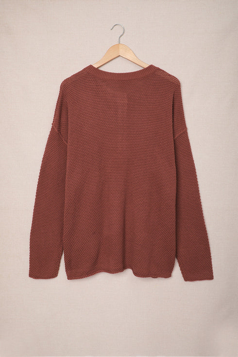 Henley Button Placket Side Slit Drop Shoulder Pullover Knit Sweater